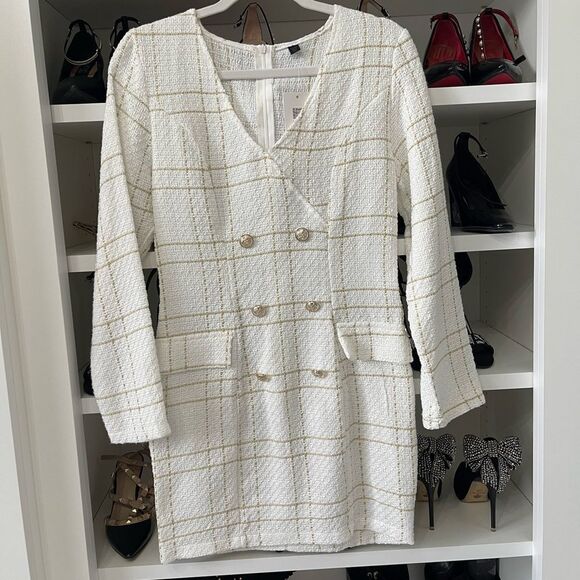 New White Gold Tweed Dress Long Sleeve Ornamental Buttons Back Zip S - Picture 12 of 14